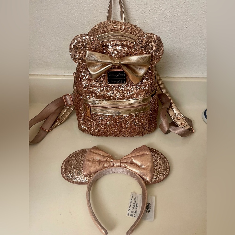 Disney Loungefly Rose Gold sequin backpack and matching Headband Set